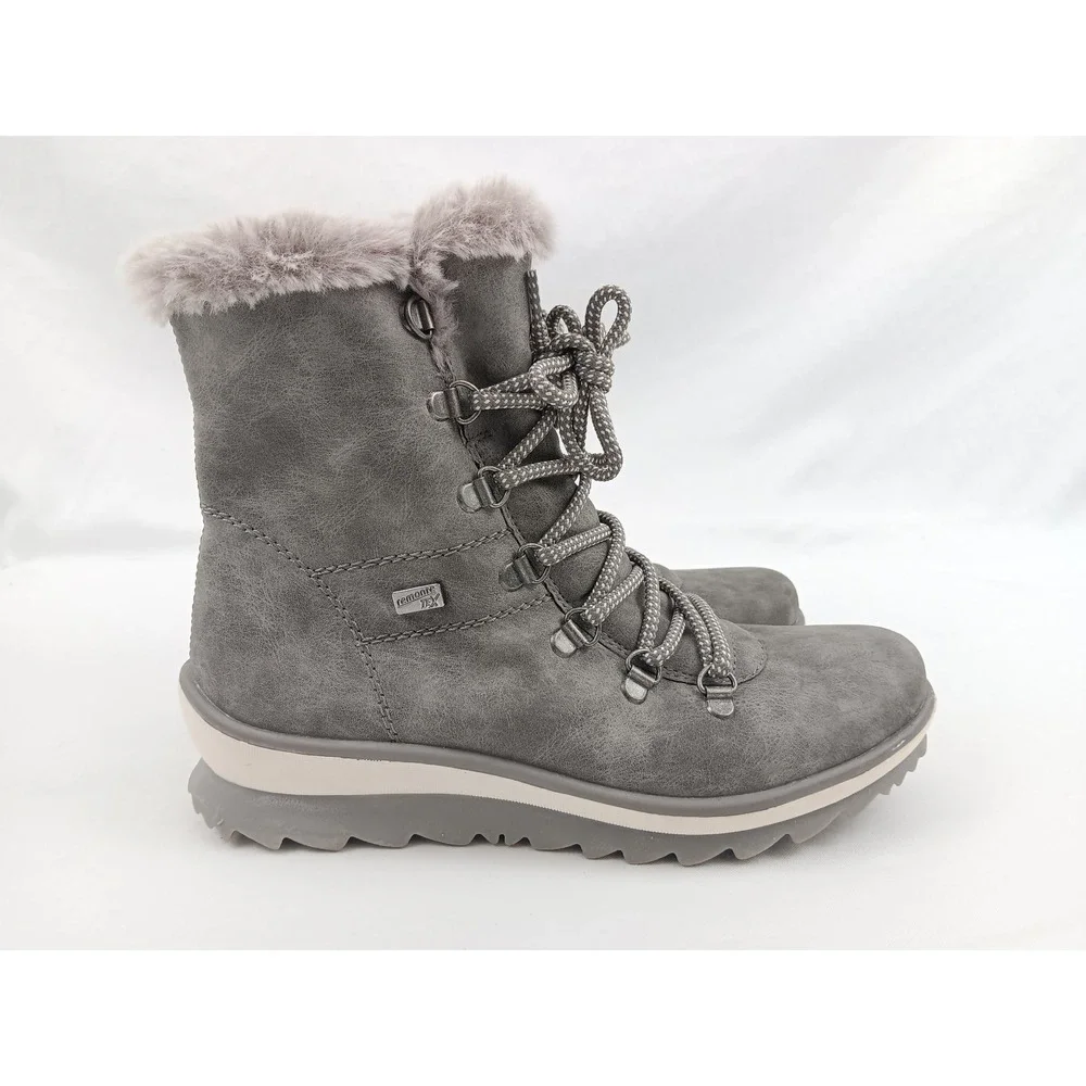 Remonte TEX Waterproof Grey Faux Suede Fur Lined Lace Up Winter Boots‎ Size 36